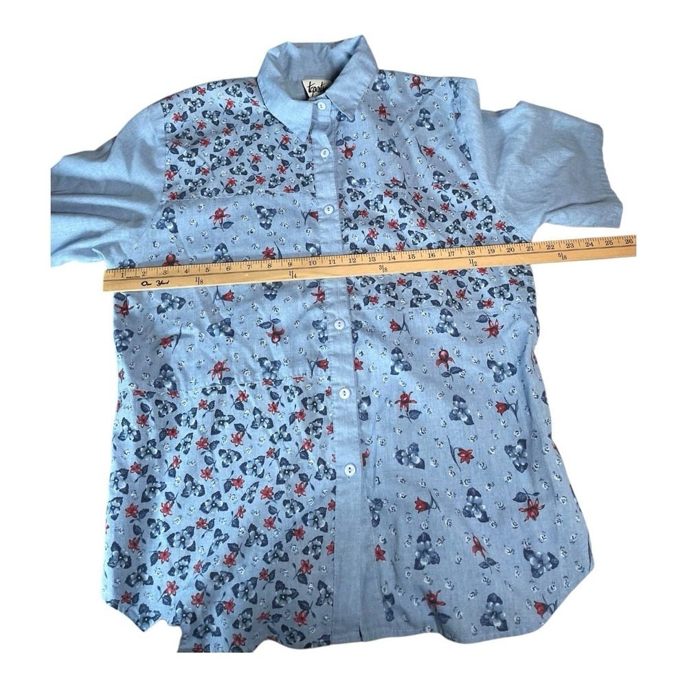 Women's Vintage Tapestry Button Down T Shirt Blue Floral Pattern - Picture 5 of 10